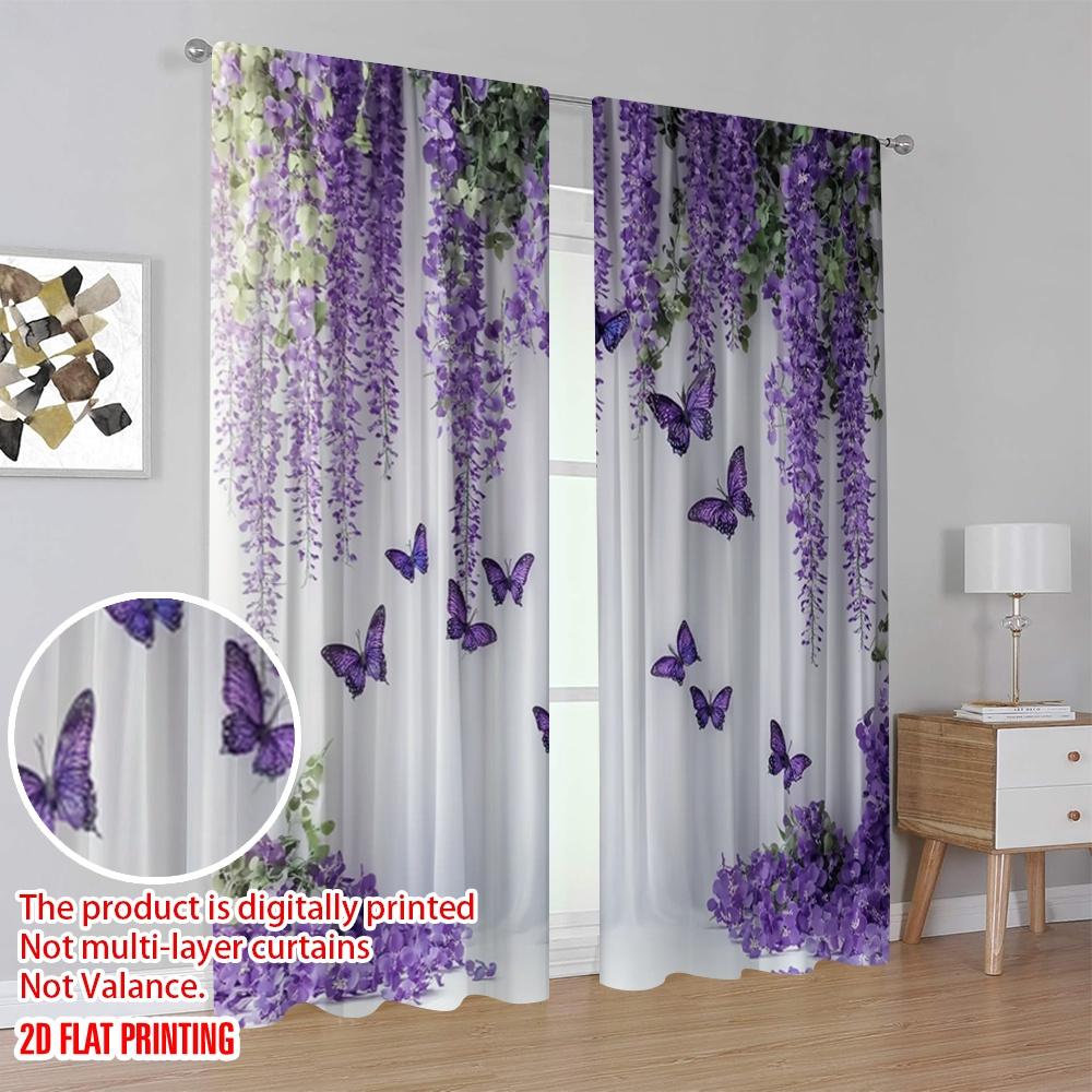 Flat Printing Window Curtains Purple Flower Butterfly Digital Printed Polyester Drapes Birthday Party Use Curtain Set Of 2 Made Washable