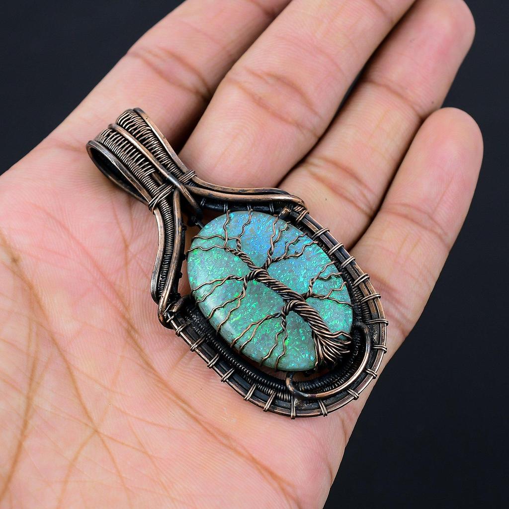 Tree Of Life Australian Triplet Opal Gemstone  Jewelry Pure Copper Wire Wrapped Handmade Pendant For Gift