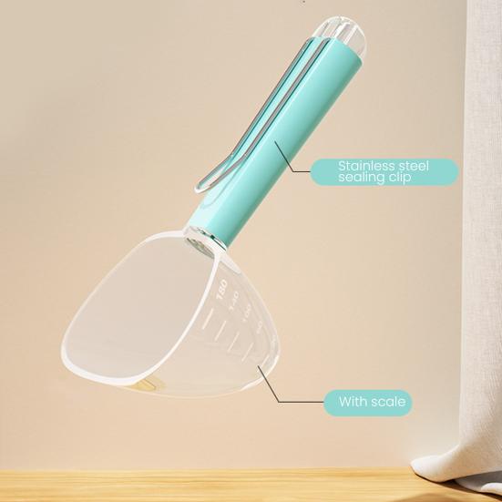 Pala pentru mâncare de câini Cupă de măsurat din plastic multifuncțională pentru mâncare de animale cu mâner lung Clips de sigilare 2 în 1 pentru mâncare de câini, pisici, păsări