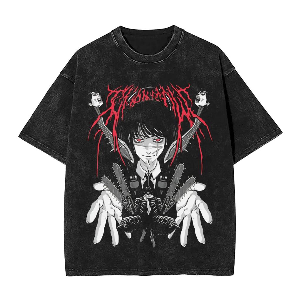 Anime Chainsaw Man Yoru T Shirt Hip Hop Gothic Washed Oversized T-Shirt Men Women Clothing Short Sleeve Cotton Tees Tops