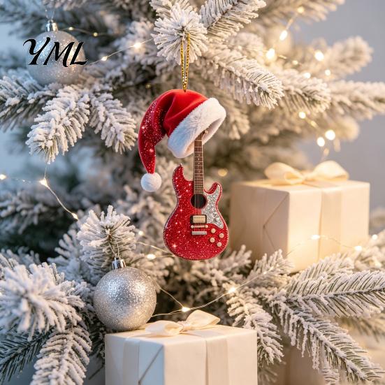 Unique Christmas Gift Red Guitar Ornament, 2D Flat Acrylic Hanging Pendant with Durable Holiday Decoration Santa Hat, Country Music Tree Decoration,