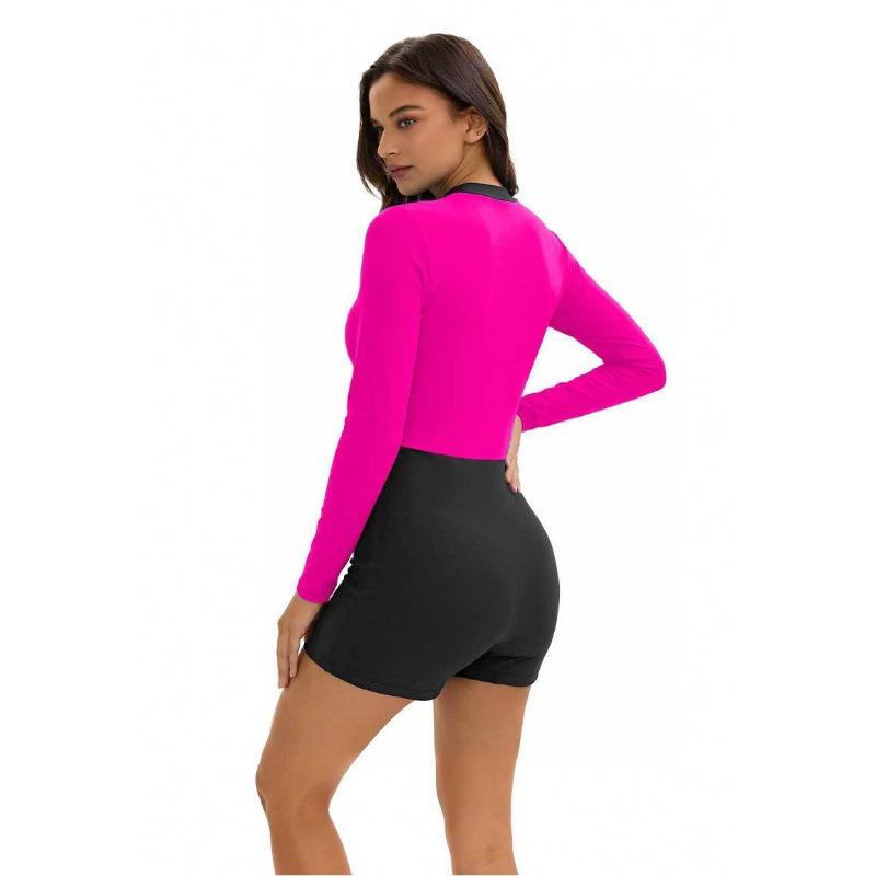 Women Color Block Long Sleeve Sun Protection One Piece Conservative Swimsuit