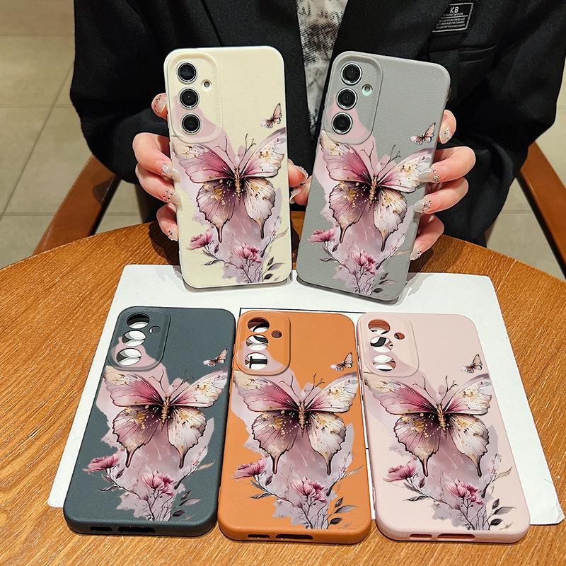 Pink Butterfly Watercolor Pattern Case For Samsung Galaxy A57 A56 A55 A54 5G A37 A36 A35 A34 A26 A25 A17 A16 A15 A14 Leather Texture Silicone Cover