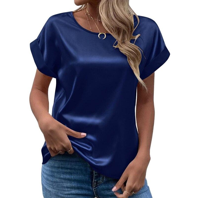 

Casual Solid Satin Women Blouse Fashion 2026 Summer Elegant Short Sleeve Woman Shrit Loose Office Lady Tops Women Clothing 25084 XXL темно-синього кольору