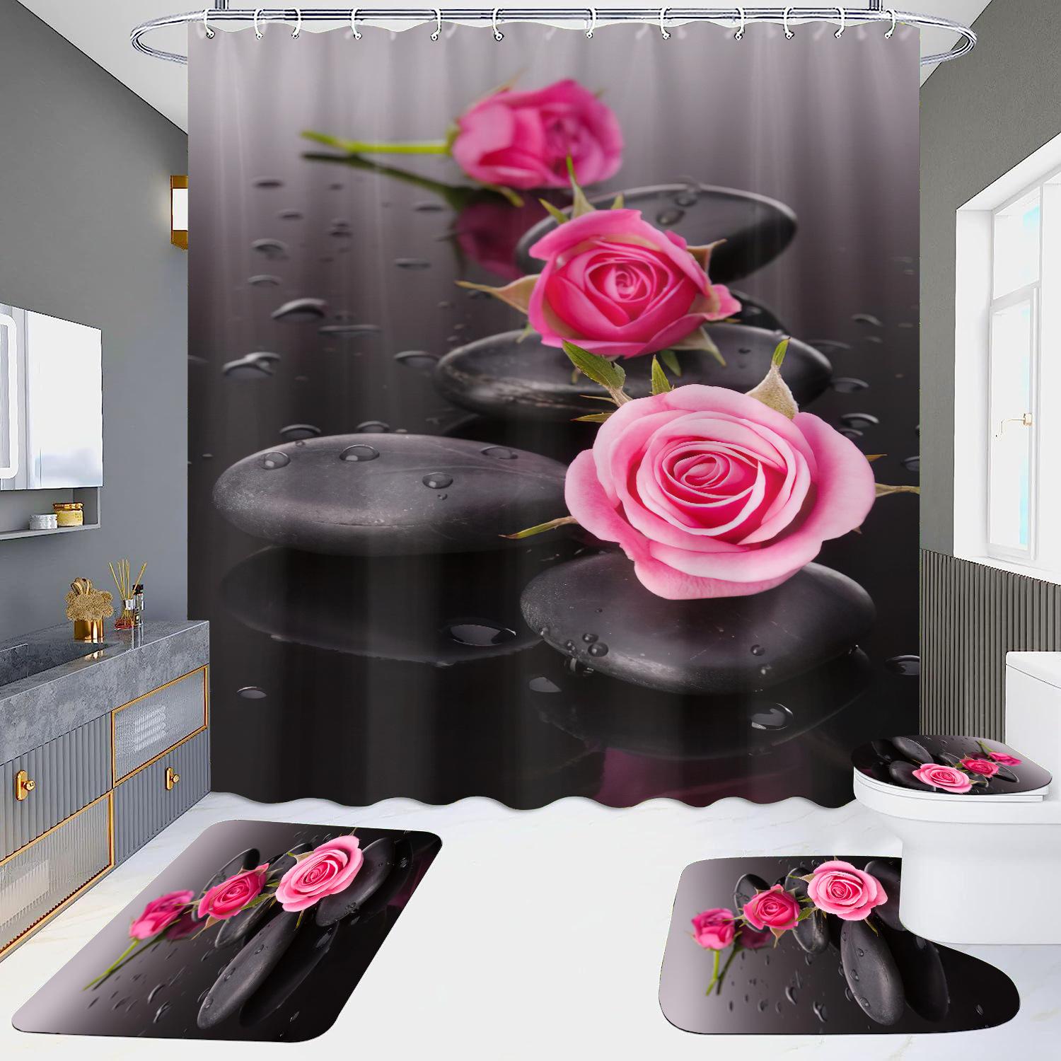 

Набор из 4 предметов шторки для душа с HD-печатью | Без сверления для ванной/отеля, водонепроницаемая шторка-перегородка для туалета с дизайном «Сто цветов» 90x180cm Shower Curtain