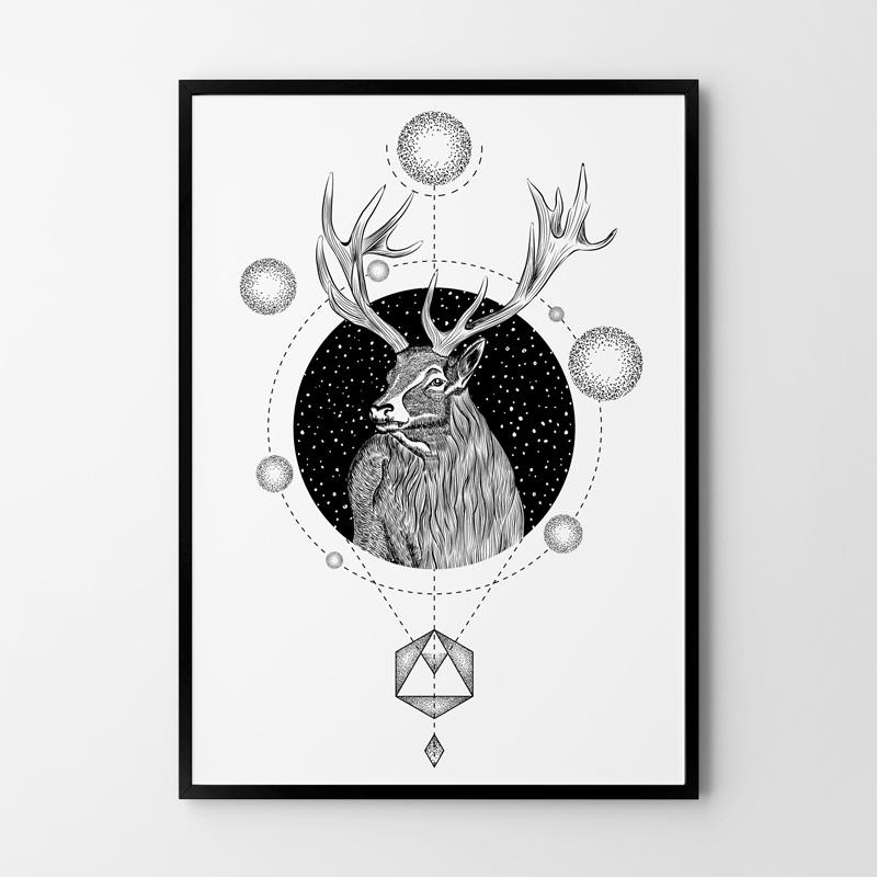 Affiche géométrique de cerf en noir et blanc