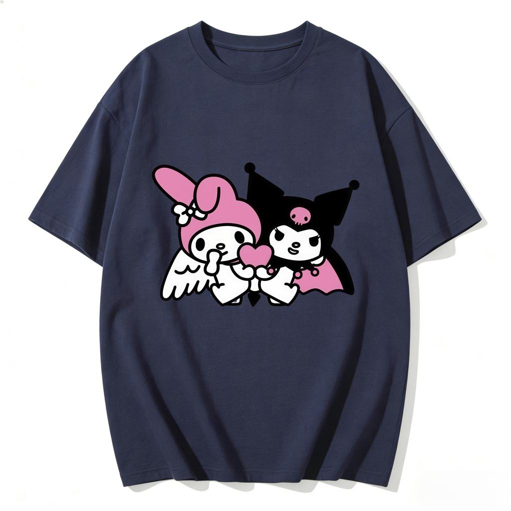 2026 New My Melody Kuromi Angel Devil Heart Cartoon Print Tshirt Family Matching Outfits Casual Short Sleeve Tee Women Unisexs