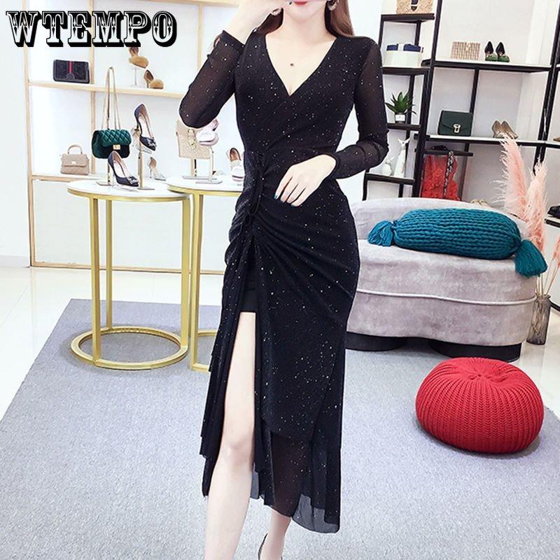 WTEMPO Dámské šaty Sexy hluboký výstřih Vysoký rozparek Rybí ocas Šaty na boky Pas Skinny šaty Ramínka Duté Párty šaty