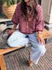 Women's Color Block Horizontal Stripe Knitwear - Casual Loose Batwing Mid-Sleeve Short Pullover Sweater