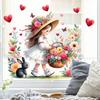 Blumenmädchen mit Herzakzenten Statisch Haftende Fensteraufkleber Abnehmbar Selbstklebend für Flur Schlafzimmer Wohnzimmer Balkon Glas Heimdeko Kunst