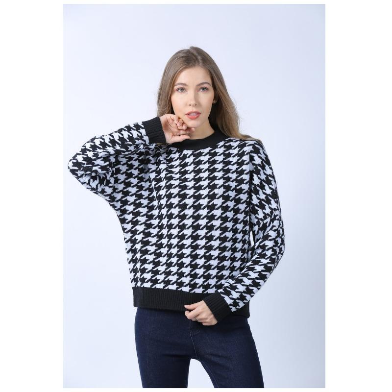 Pulover tricotat în carouri, cu gât rotund, cu mâneci lungi, pentru femei, tricotaje scurte, îngroșate, calde, Harajuku, pentru navetă, ocazional, toamnă, iarnă, cămașă cu fundul