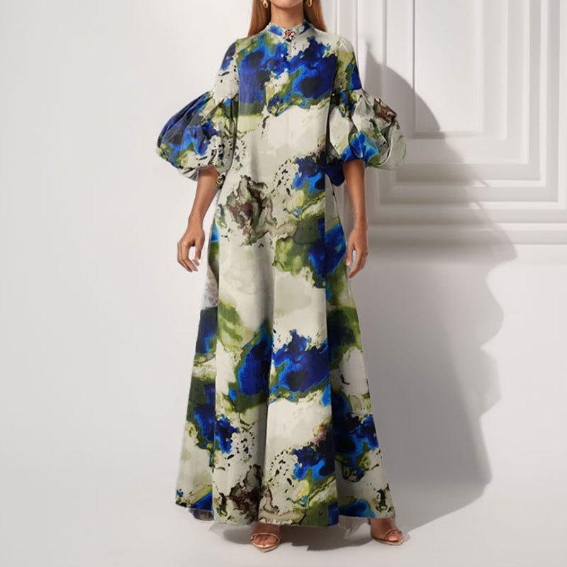 Spring New Women's Fashionable Relaxed Fit Printed Painted Long Skirt Big Puff Sleeve Dress