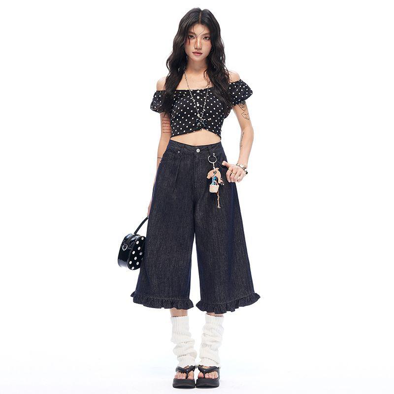 Fashion Summer Lace Rivet Detailed Designer High Waist Wide Leg Straight Versatile Slimming Denim Cropped Capri Pants