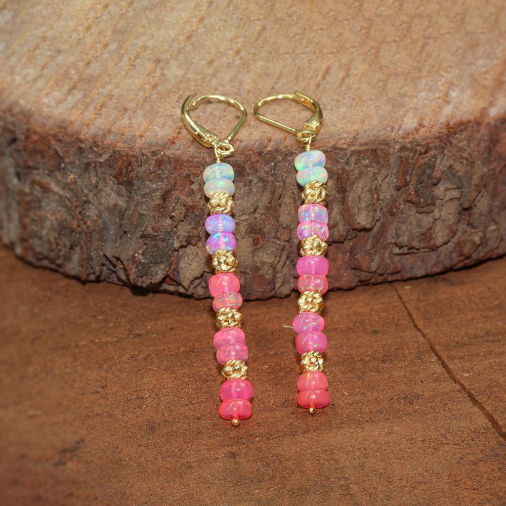 Fire Pink Opal Beaded Earrings: Sterling Silver Dangle Earrings