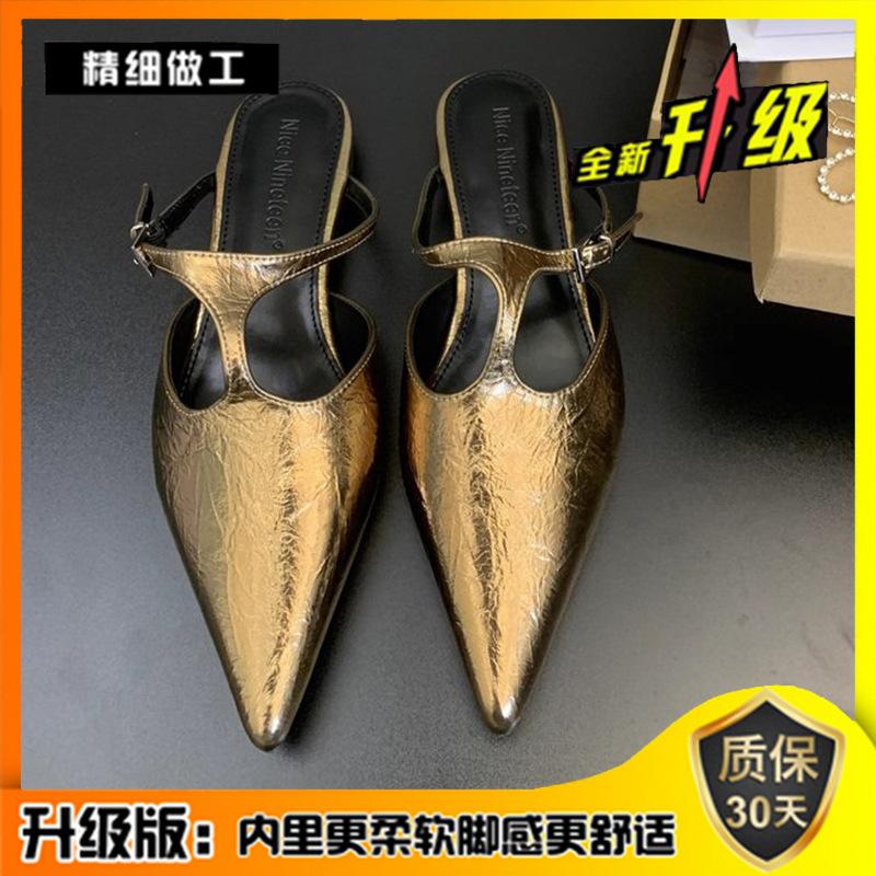 Spring and summer 2025 new bag head French half slippers outer wear thick heel retro T word with pointed head single shoes women's shoes