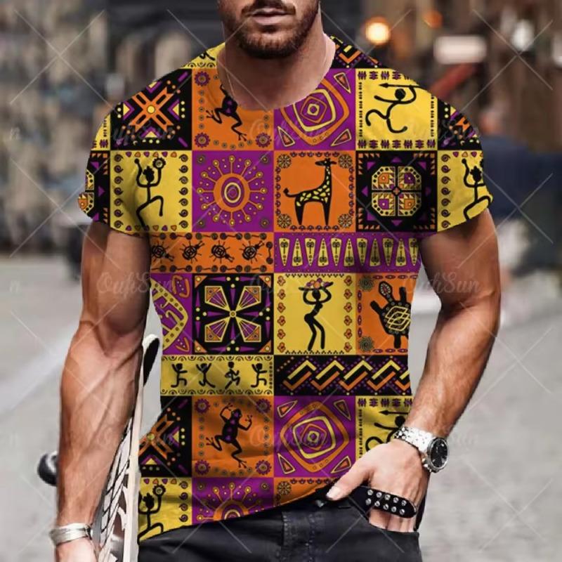 Men's T-shirt Ethnic Print 3D Casual Short Sleeve Summer Round Neck Streetwear Vintage Man Loose Sweatshirt Breathable Men Clothes