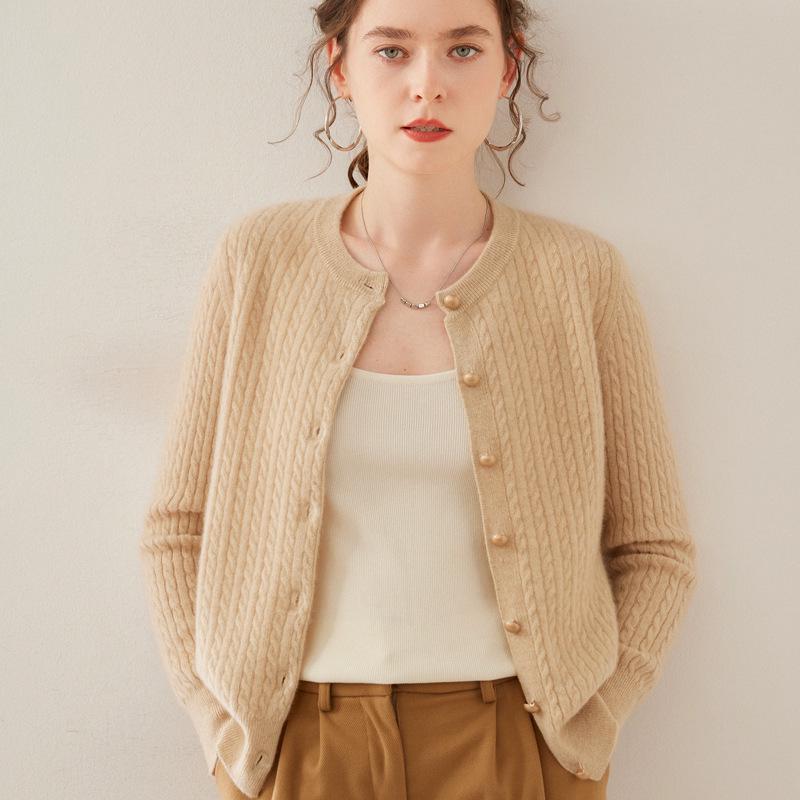 Women's Cashmere Long Sleeve Round Neck Cardigan Sweater - Autumn/Winter Cable Knit Wool Outerwear