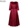 ZANZEA Damen Casual Rundhals Einfarbig 3/4-Ärmel Satin Kleid