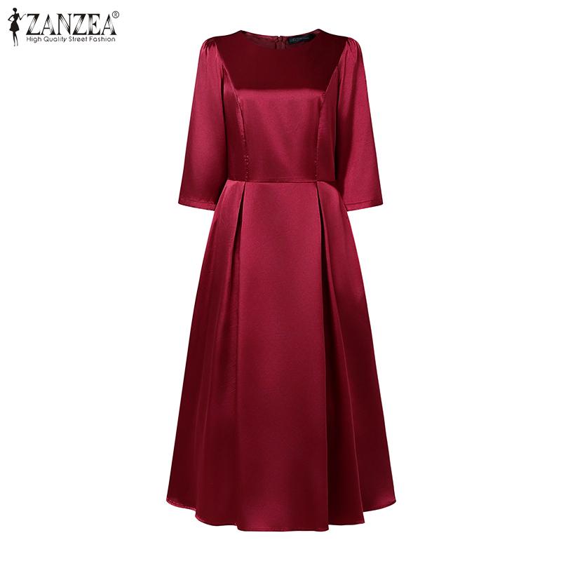 ZANZEA Damen Casual Rundhals Einfarbig 3/4-Ärmel Satin Kleid