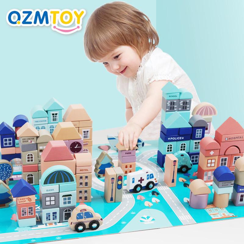 Building Colorful Construction Blocks Wooden Race Car Set Kids Shape Recognize