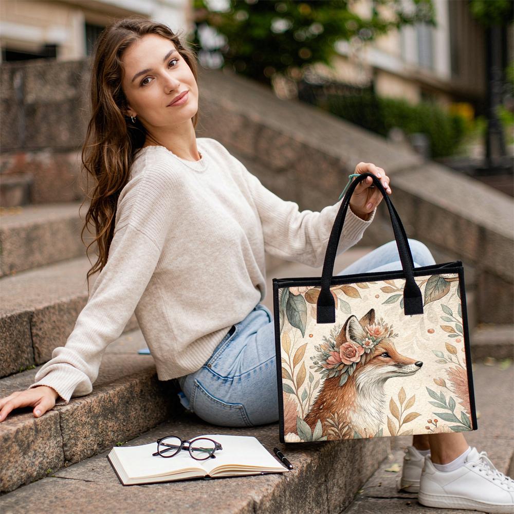 Floral Fox Print Tote Bag Casual Daily Carry Bag Lightweight Shoulder Bag for Shopping Travel