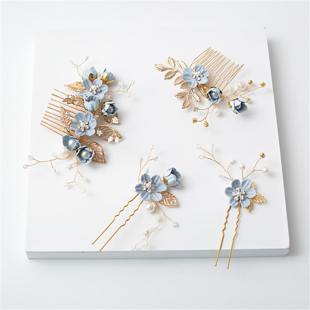 New Arrival Luxury Blue Flower Hair Combs Headdress Prom Bridal Wedding Hair Pin Gold Color Leaves Hair Jewelry Hair Accessories