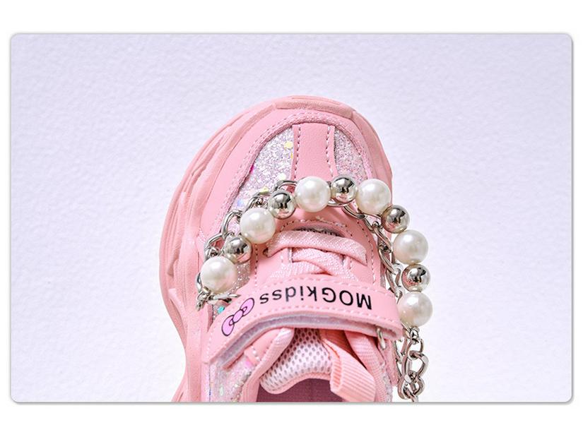 2025 Spring/Autumn Girls' LED Light-Up Pearl Chain Princess Sneakers with Soft Soles