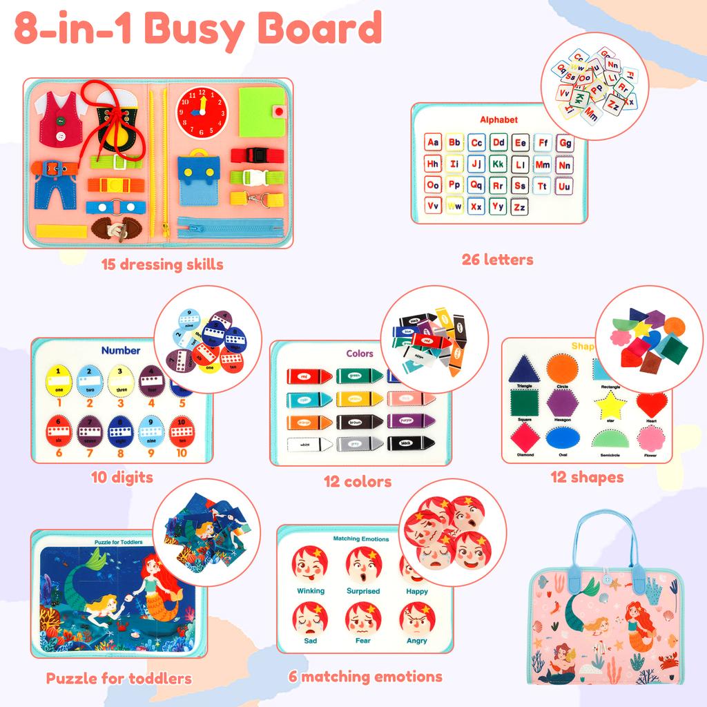 8 In 1 Toddler Busy Board Felt Fabric Puzzle Busy Dressing Learning Board Comfortable and Soft Carrying Handle Design