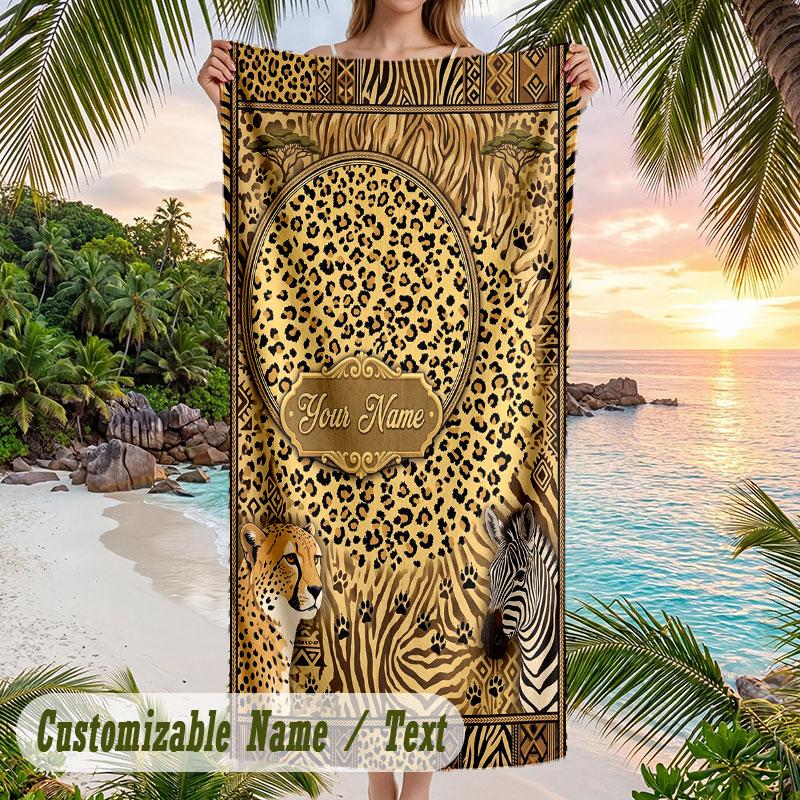 Wild Animal Safari Journal Theme Quick Dry Beach Towel Custom Name Text Print Large Sand Resistant Towel Beach Vacation