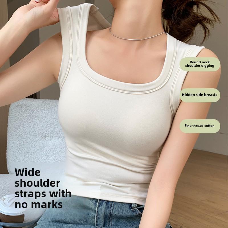 Wide Shoulder Strap Women's Vest with Chest Pad Summer All-match I-shaped Vest Slim Fit Base Top O