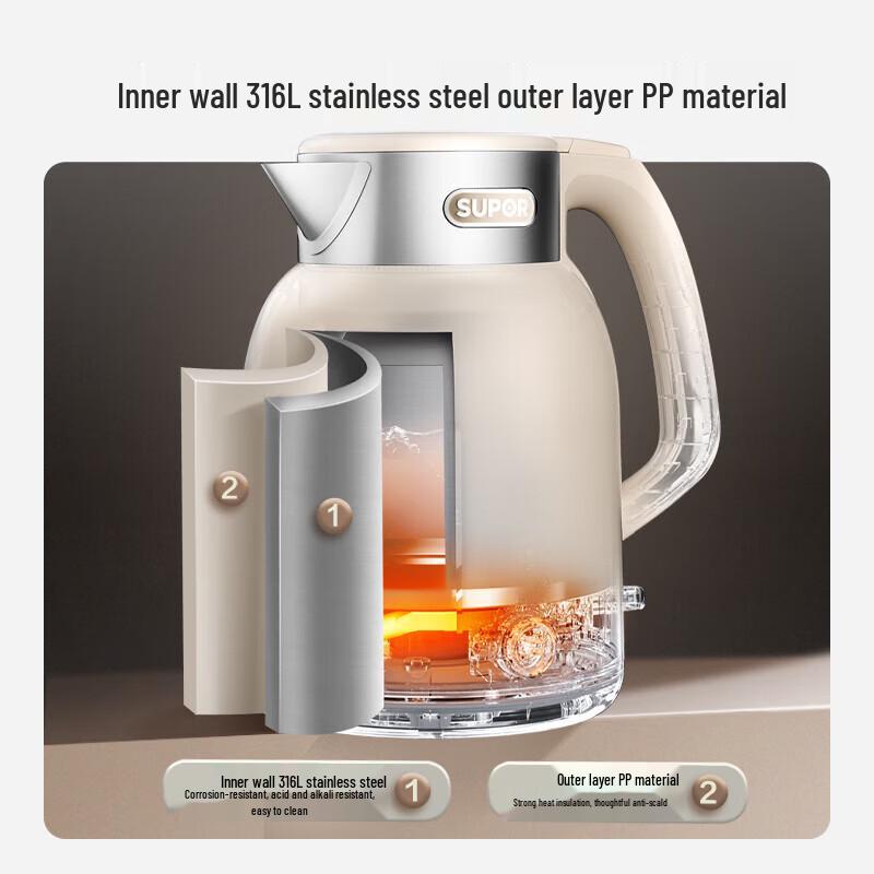 SUPOR 2L 316L Stainless Steel Electric Kettle CN plug (adapter included)