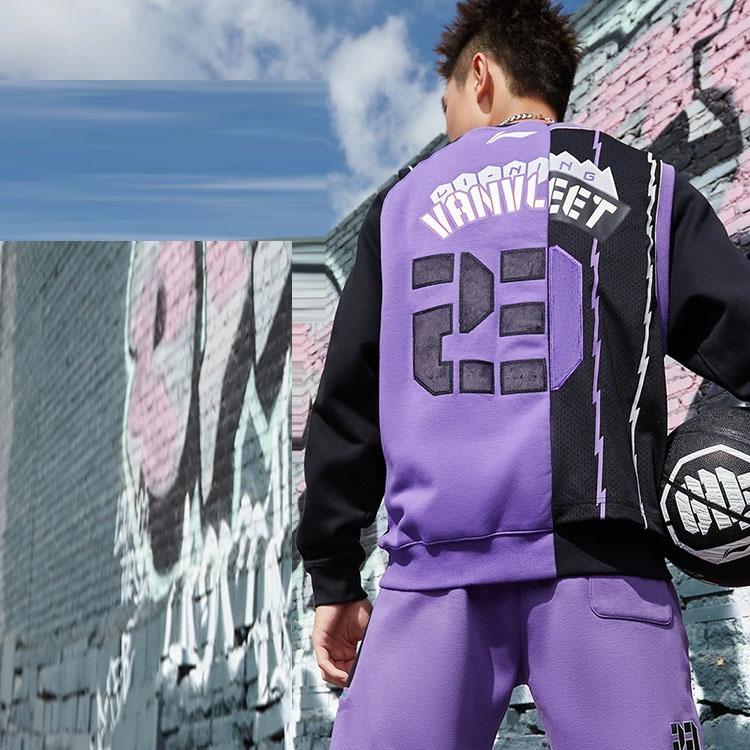 Li-Ning Professional Basketball Series Loose Plus Velvet Warm Splice Pullover Long Sleeve Sweatshirt Unisex Tops Black AWDRH51-1