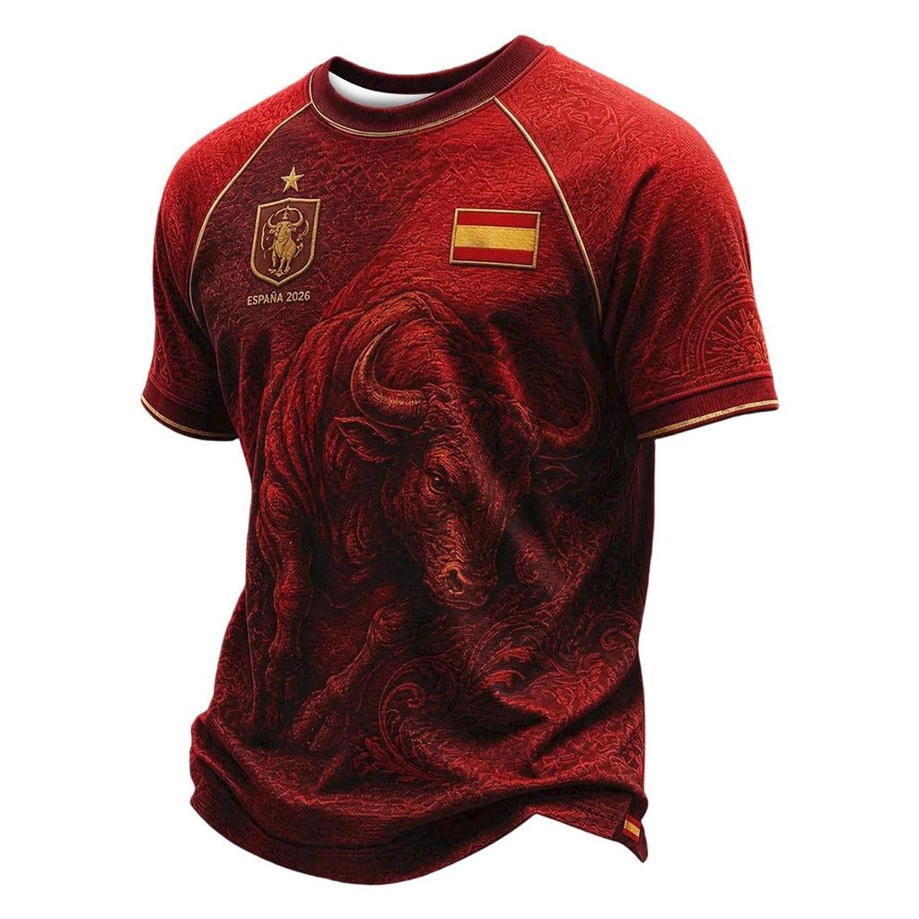 Men's Classic Crew Neck Football T-Shirt Spain Inspired Graphic Print Casual Fit Short Sleeve Top for Sports and Everyday Wear
