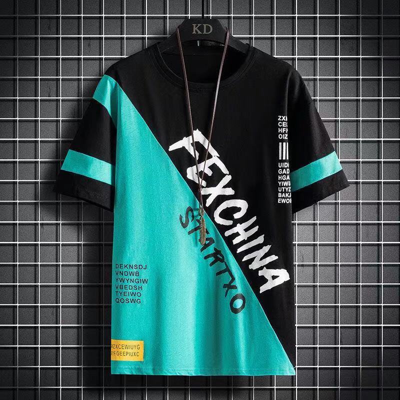 Men's Trend Letter Print Tops Tees Summer Short Sleeve O-neck Plus Size Contrast Loose T Shirts Fashion Casual Clothing