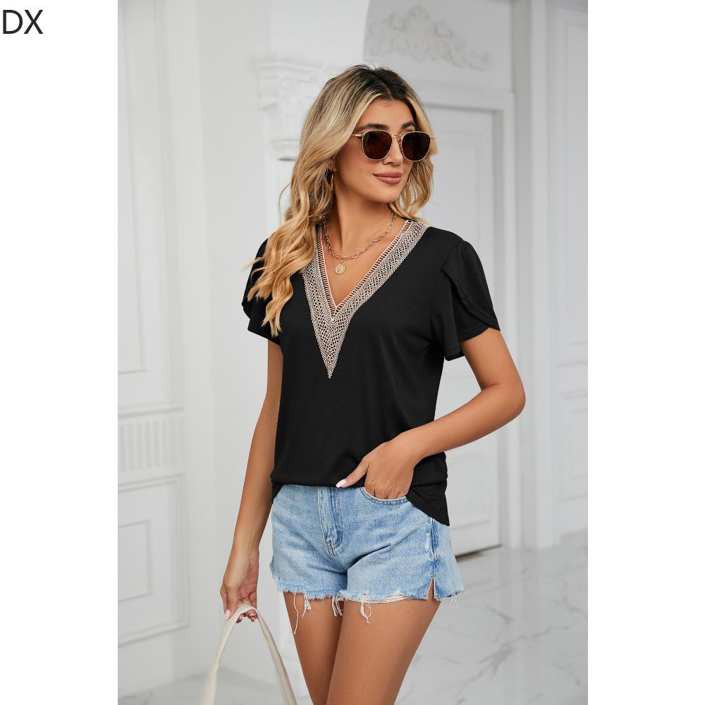 DX весна/лето новая однотонная футболка с короткими рукавами и золотым кружевом — фото 9