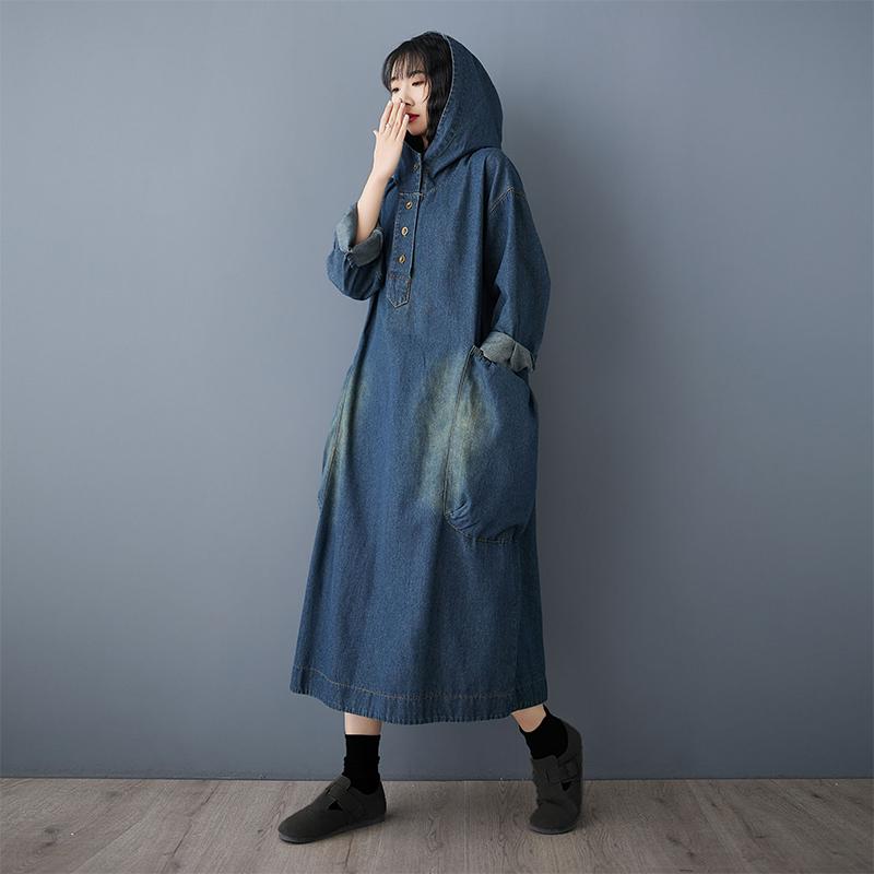 DIMANAF Women 2025 New Plus Size Spring Dress Hoodies Denim Long Sleeve Dress Loose Blue Basic Dresses Vintage