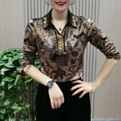Chemise Imprimée Vintage pour Femme Printemps et Automne Col Revers Manches Longues Diamants Insérés Blouse Décontractée