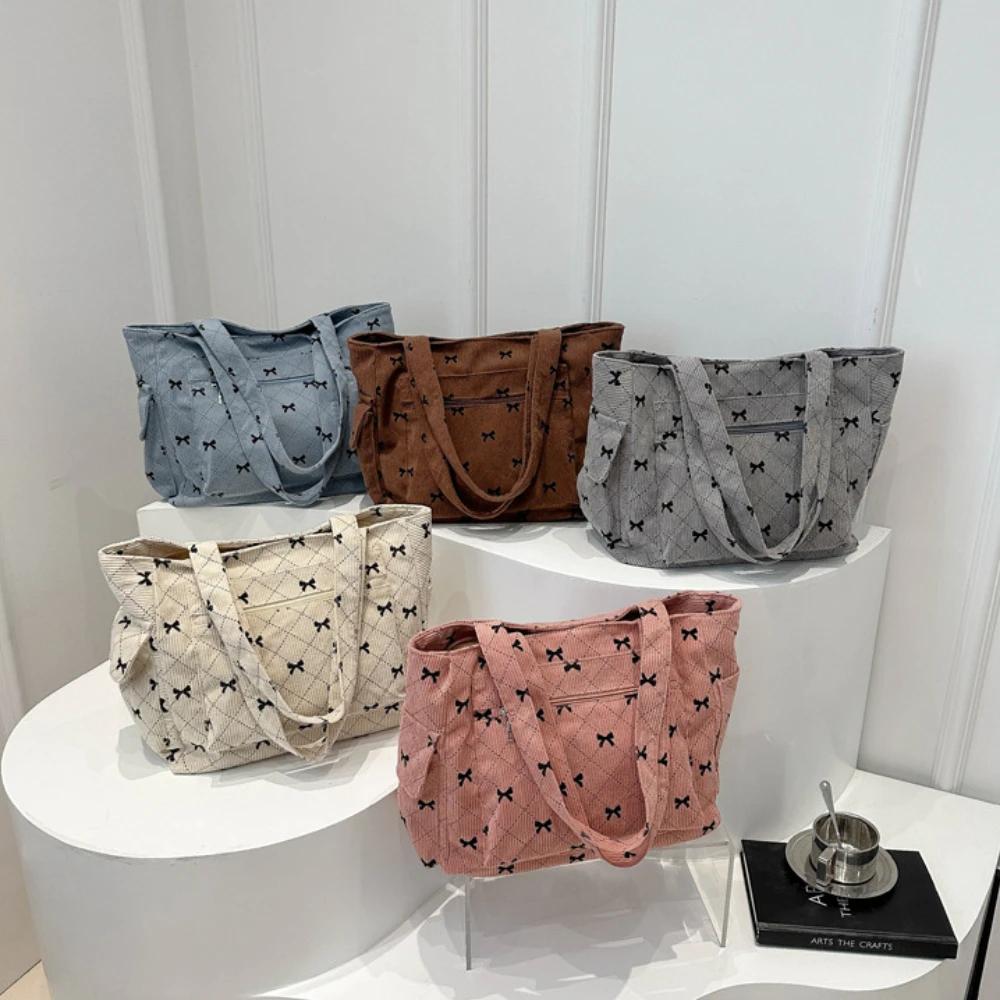 Bow Pattern Commuting Shoulder Bag Corduroy Handbag Large Capacity Women Tote Bag Multi-pockets Eco-friendly Shopping Bags