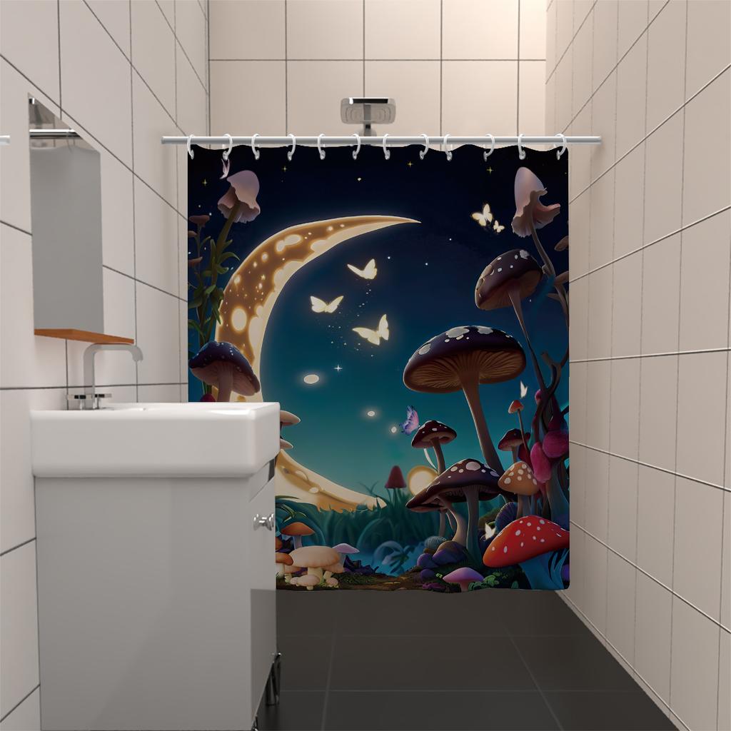 1 st 180x180cm duschdraperi med tryck av svamp, måne, stjärnhimmel och fjäril, avskärmning för badrum, vattentätt och mögelbeständigt