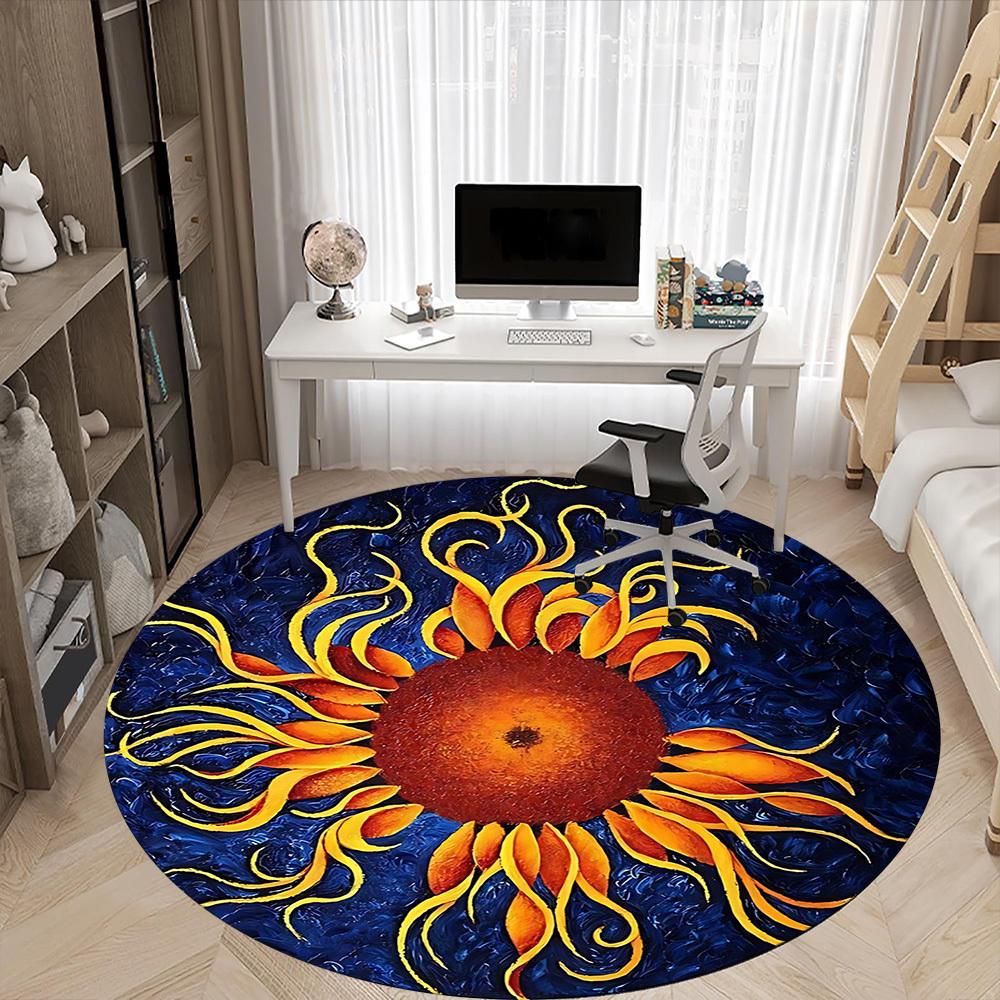 1 Stück Sonnenblumen-Kunstwerk Teppich für Büro, Rutschfest, Runder Teppich, Weich & Bequem, Teppich für Büro, Leichte Runde Bodenmatte