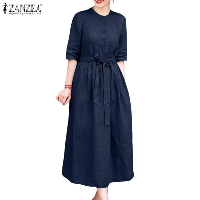 ZANZEA Women Casual Round Neck Loose Half Sleeve Dress