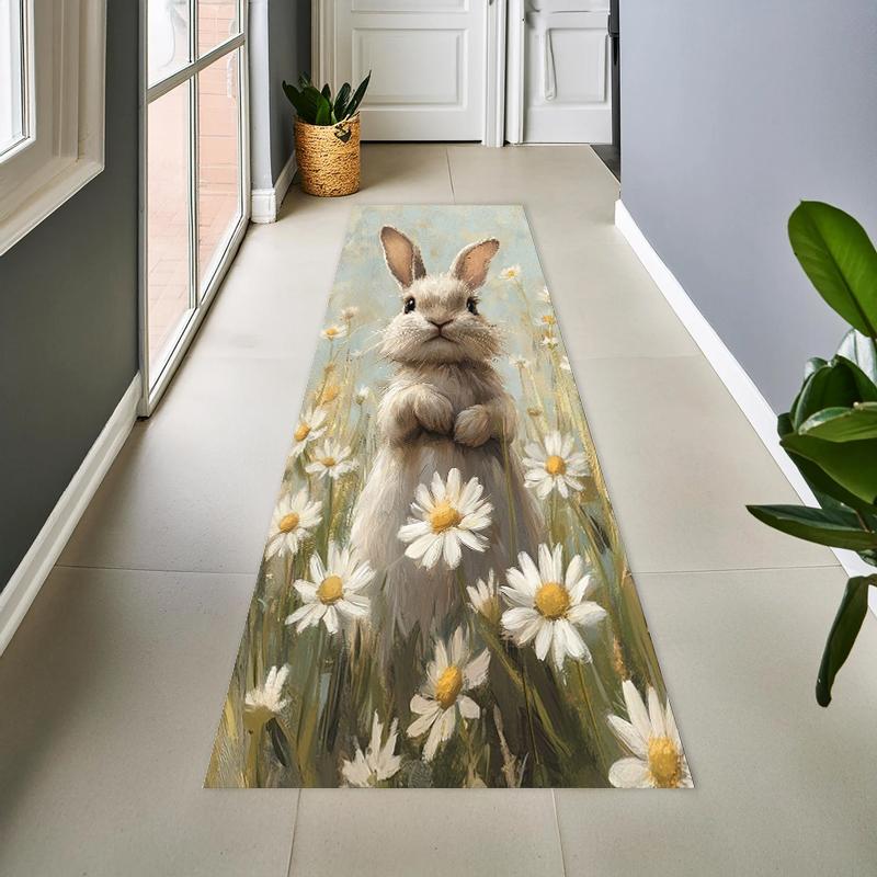 Vintage Rabbit Flower Pattern Carpet Mat Rug Home Decoration Living Room Bedroom Cute Animal Design Non Slip Durable