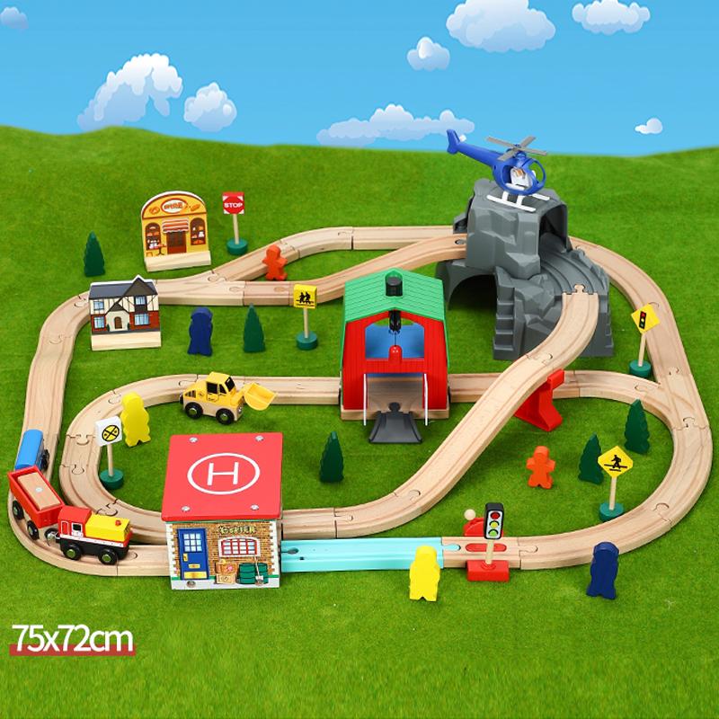 Track Set Children's Rail Car Toy Helipad Transport Cave Train Wooden Compatible with Wooden Cars 1:64 Over Three Years Old