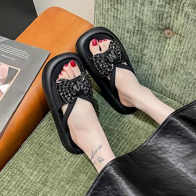 Thick-bottomed Cool Slippers Women's New High-end Sequined Bows In Summer 2025 Korean Style Fashion Outer Slippers