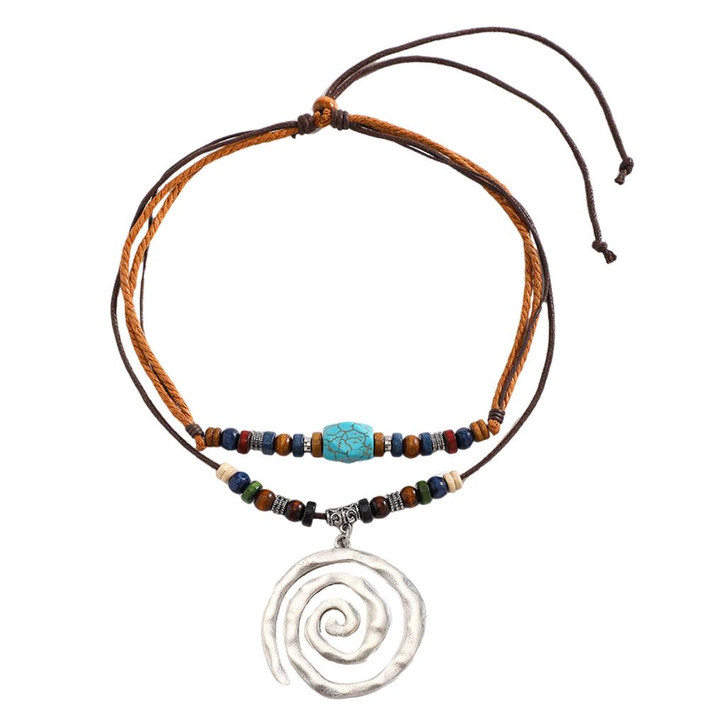 Vintage Silver Spirals Pendant Necklace Adjustable Length Neckchain Natural Turquoise Bead Choker Accessory for Women