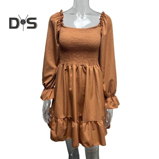 Frühling Herbst Frauen Plissee Eingewickelt Brust Mini Kleid Quadratischen Kragen Langarm Hohe Taille Rüschen Lose Saum Einfarbig A linie Kleid