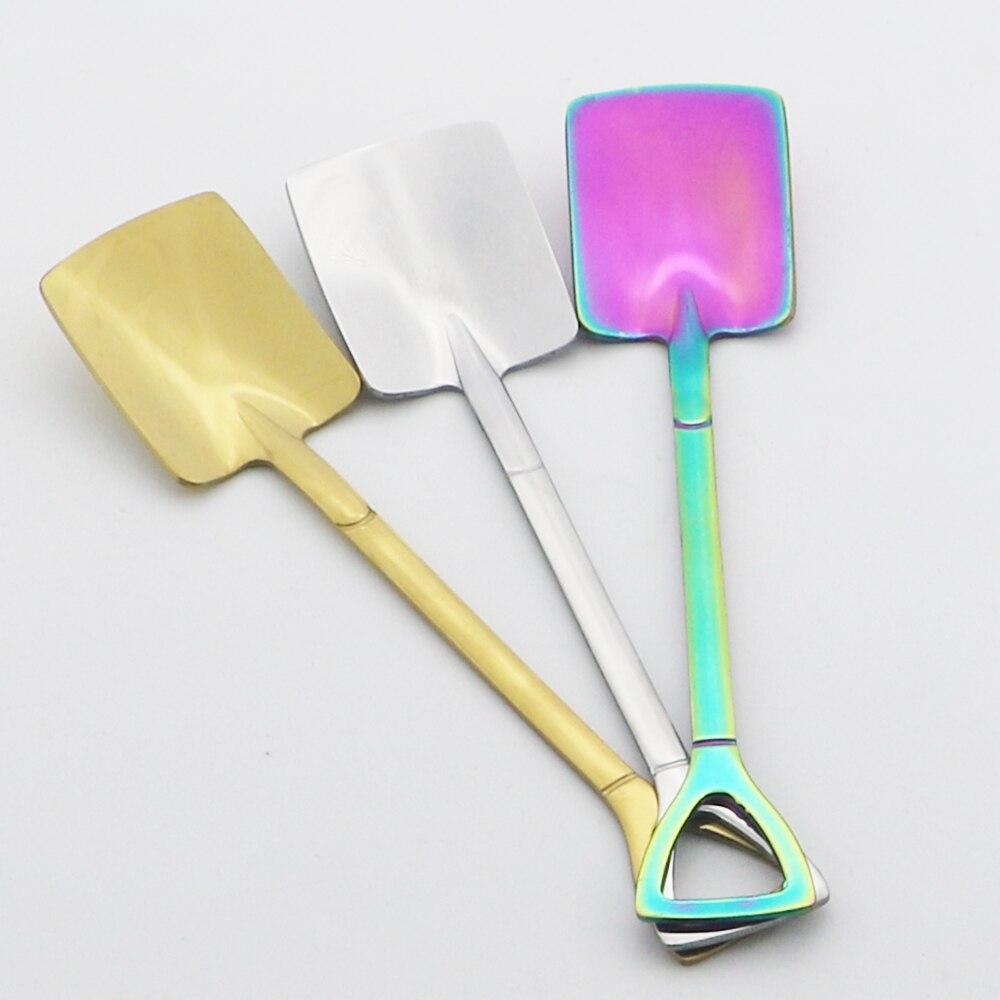 Dinnerware Gold Retro Shovel Flat Coffee Tea Ice Cream Spoons Gift Creative Bar Stainless Steel 304 Dessert Spoon Set Housewares