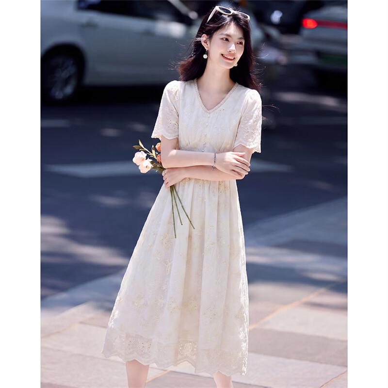 Sweet Beaded Embroidered Short Sleeve Midi Dress