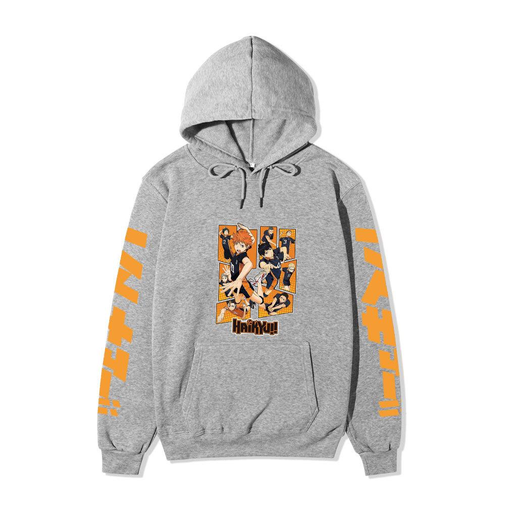 Haikyuu Karasuno Team Collage Unisex Fleece Hoodie Orange Japanese Vertical Letter Sleeve Volleyball Anime Pullover Sweatshirt