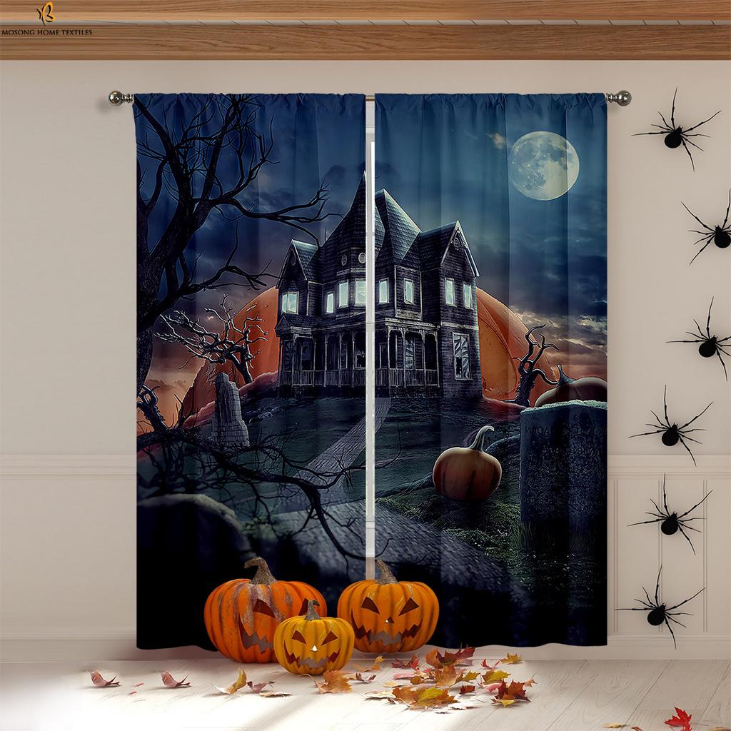 Halloween Decoration Curtains Horror Pumpkin Ghost Print Curtains High Quality Heat Insulation Blackout Curtains 2 Pieces